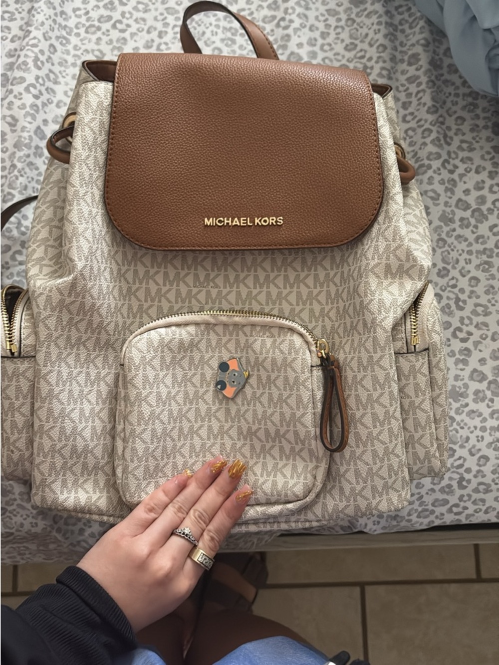 Michael Kors Beige Logo Backpack with Brown Flap
